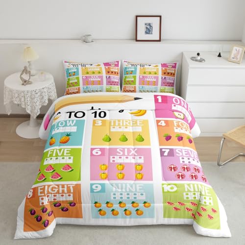 Image of Feelyou Kids Numbers Duvet Insert Full Size, Educational Comforter Set Boys Girls for Fruits Bedding Set Learning Teens Bedroom Decor with 2 Pillow Case