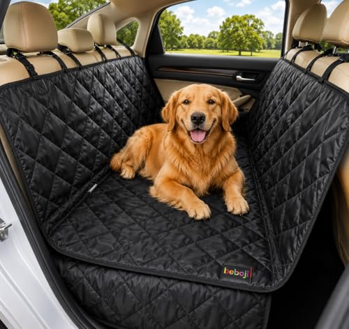 Image of Waterproof Dog Car Seat Cover for Back Seat - Non-Slip Travel Hammock with Headrest Straps & Anchors, Scratchproof Polyester Protector for Dogs & Cats, Fits SUVs & Sedans- 56.5x60 in - Black