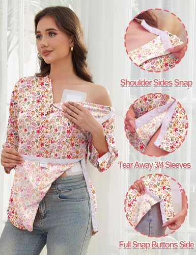 Post Shoulder Surgery Shirts for Women Fully Tear Away 3/4 Chemo Shirts for Port Access Rotator Cuff Surgery Recovery Shirt3