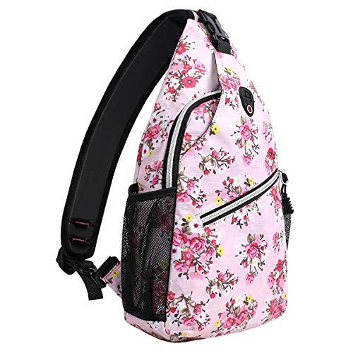 MOSISO Sling Backpack,Travel Hiking Daypack Pattern Rope Crossbody Shoulder Bag, Pink Base Floral