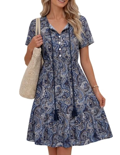 Zeagoo Vestidos Verano Mujer Vestidos Playeros Boho Midi Sueltos Elegantes Casual Fresco Vestidos Flores Cuello En V Línea A Túnica Elástica Dresses MZ473 XXL