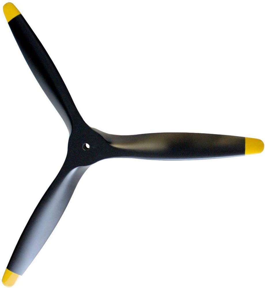 XOAR PJWWII-R3-P 13x7 RC Warbird Airplane Pusher Propeller. 13 Inch 3 Blade WWII Black Wood Prop with Yellow Tips for Gasoline RC WW2 Classic Planes (13x7, Pusher)