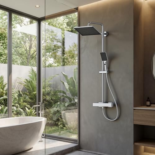 FORIOUS Duschsystem mit Thermostat 30 × 20 cm Große Regendusche 3-in-1 Duscharmatur Komplettset mit Verbessertem Thermostatventil Höhenverstellbarer Duschstange und Handbrause für Duschkomfort