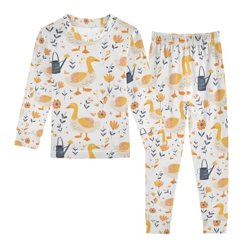 ALAZA Goose Flower Floral Cartoon Pajamas Long Sleeve Sleepwear 2-Piece Pajama Set