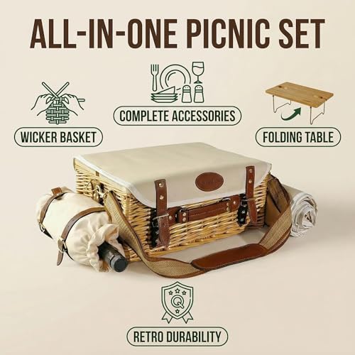 Image of Multifunctional Wicker Picnic Basket Set for 2 Adults with Picnic Table and Blankets,Large Insulated Picnic Set with Wine Pouch and Full Tablewares for Camping Outdoor Couples Natural Beach Wedding