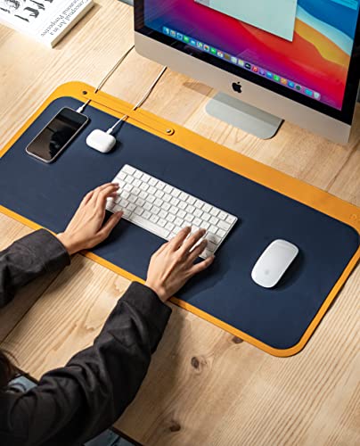 Image of DailyObjects Dart Large Premium Vegan Leather Desktop /Laptop Desk Mat for Work from Home /Office /Gaming | Cable Organiser & Hideway Storage | Extended Mousepad & Water-Resistant - Mustard - Model - R1