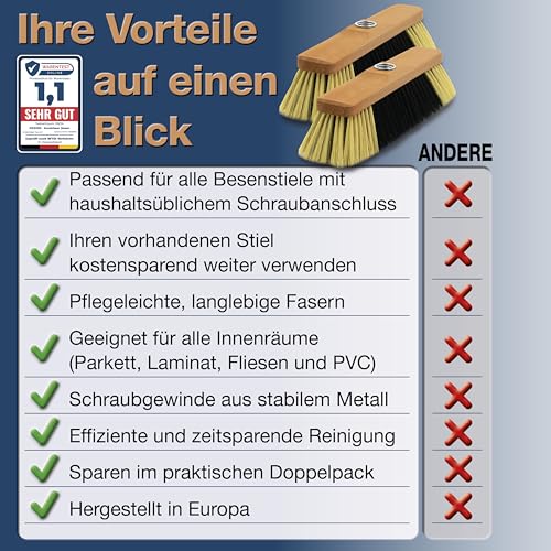 2 x Besenkopf aus Buchenholz - inkl. Metall-Schraubgewinde - robuster Zimmerbesen für innen - Stubenbesen aus Holz - ca. 30 cm breit - universell passend – Bild 6