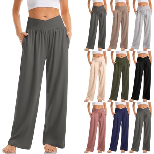 Slakkenreis Wide Leg Yoga Pants for Women Crossover Yoga Pants with Pockets Tummy Control Flare Leggings High Waisted Stretch Lounge Pants Workout Straight Leg Sweatpants Softstream Pants A-Black