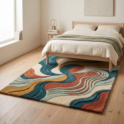Image of Hand Tufted Premium Wool Abstract Wave Design Carpet for Living Room, Bedroom, Office & Home Decor Size 12x18 Feet