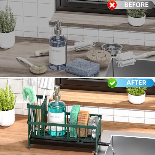 Image of Cisily Sponge Holder for Kitchen Sink, Sink Caddy Organizer with High Brush Holder, Kitchen Countertop Organizers and Storage Essentials, Rustproof 304 Stainless Steel (Dark Green, 9.25″)