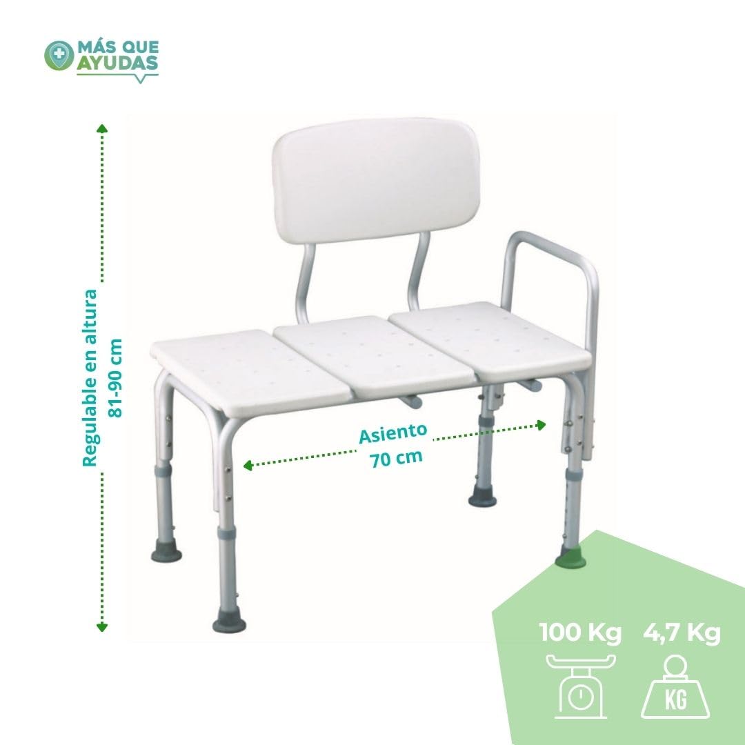 Asiento de Transferencia para Bañera con Respaldo y Asa, Ajustable 81-91 cm, Antideslizante, Silla de Baño para Adultos y Personas con Movilidad Reducida