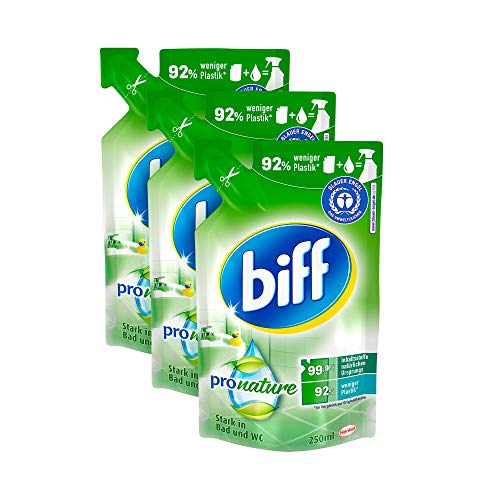 Biff Pro Nature Badreiniger, Nachfüllpack, 3 x 250 ml, mit 99,9 Prozent naturbasierten Inhaltsstoffen und nachwachsenden Rohstoffen aus nachhaltigem Anbau