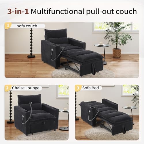 Image of HAOMARKETS Corduroy Sleeper Sofa Bed with 2 Cup Holders, 3-in-1 Convertible Pullout Futon Couch with Phone Holder&USB Charge Port, Single Chair with 3-Level Adjustable Backrest for Living Room