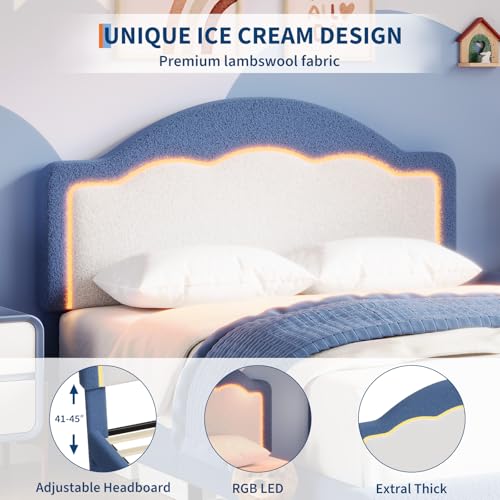 Image of GarveeHome Bed Frame with LED Headboard for Kids, Sherpa Upholstered Platform Bed Frame with Wood Slat Support, No Box Spring Required, Easy to Assemble (Blue, Twin)