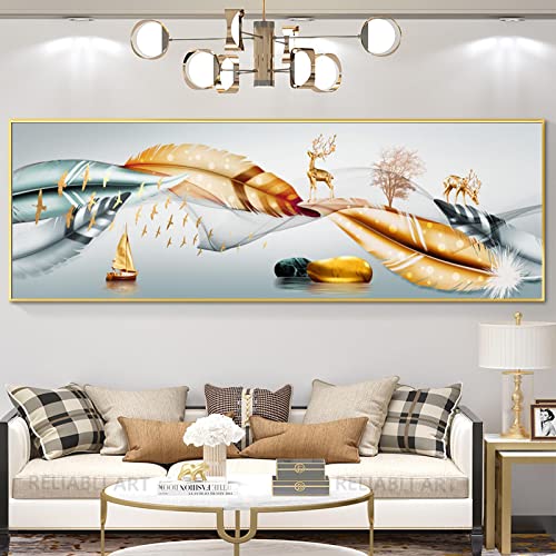 Toile dorée plumes et cerf dsdsgog 20x60cm sans cadre pour salon