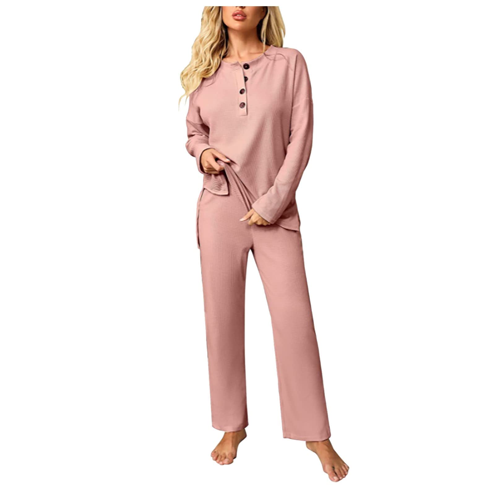 DENGZI Fall Birthday Button-Down 2Pc Ladie's Long-Sleeved Classic Sweatsuit Set Slim Henley Two Piece Solid Waffle Soft Sweat Suit Set Women S