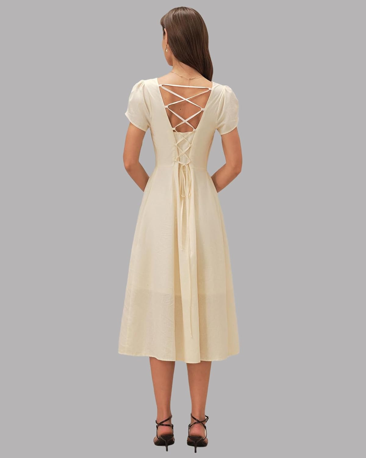 RIHOAS Elegant Casual Dresses for Women Short Sleeve Puff Square Neck A-Line Midi Dress - Image 6