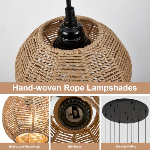 Image of Round 9 Light Boho Pendant Light Rattan Hanging Lamp | Hand Woven Wicker Small Chandelier Hanging Lights Fixture for Bedroom Kitchen Hallway Foyer