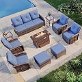 Aoxun 10-Piece Patio Furniture Set with 44” Fire Pit Table, Wicker Rattan Outdoor Sectional Sofa with High Back Swivel Rocker Chairs