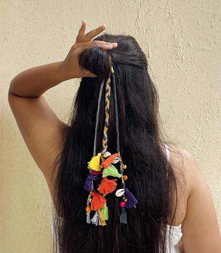 Image of Zippy Flora Boho Handmade Colorful Hair Strings for Navratri /Ethnic Look /Bohemian Styling, Colorful Braided Hairband, Thread Hair Accessories & Extensions (Shoulder Length (12-14 inch), Grey)