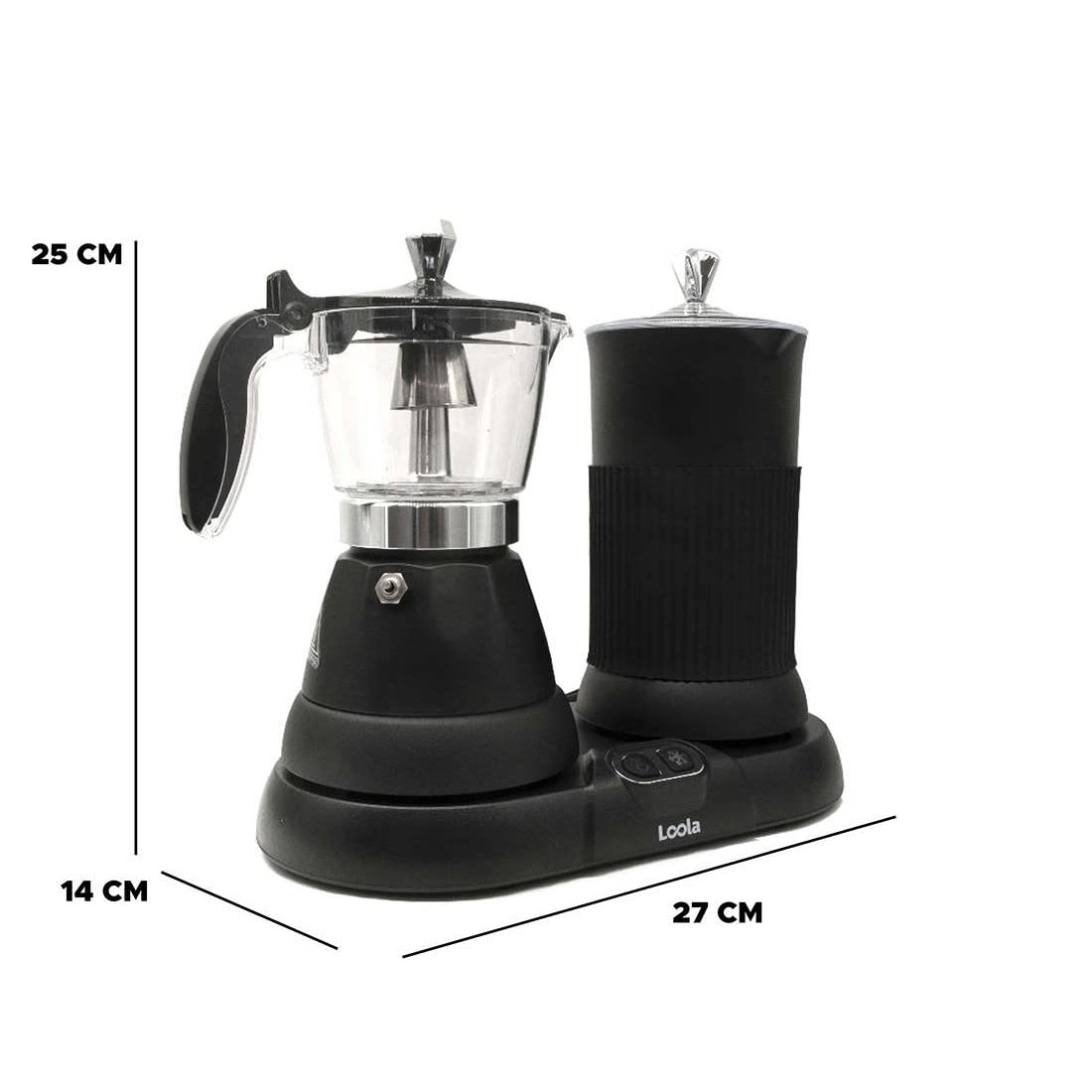 Loola - Cafetera Eléctrica Italiana Moka Nekko 3 en 1 | Espumador de Leche | 1,9 Bar de Presión para Café Cremoso | Ecológica y Versátil, Negro Mate | Cafetera Italiana 3 Tazas