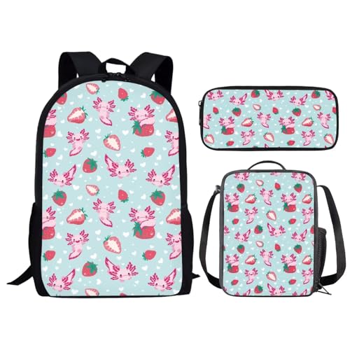 Cartoon Strawberry Axolotl Backpack for School Girls Student Durable Lightweight Comfy Padded Personalized Cute Green Backpack with Lunch Box Pencil Case Kids Teen Girls Daily Outing 17 Inch Book Bag2