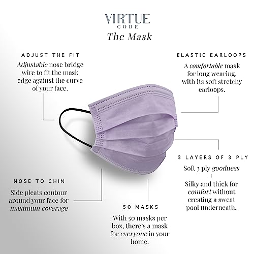 virtue code support face masks - soft 3 ply comfort colorful disposable 50 pack pastel colored for adults men and women