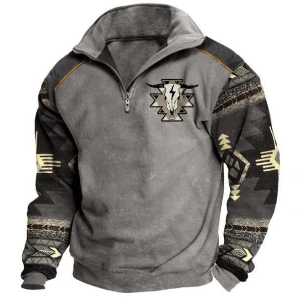 ZOCANIA Sudadera con capucha azteca vaquera vintage con gráfico occidental para hombre, casual, manga larga, media cremallera con bolsillo, Vaca gris, X-Large