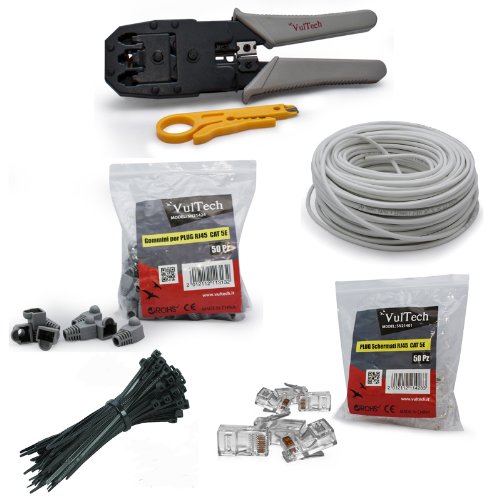 KIT PINZA A CRIMPARE CRIMPATRICE CAVO DI RETE 50MT PLUG GOMMINI FASCETTE VULTECH