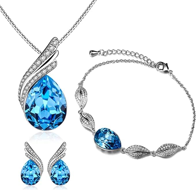 Menton EzilCharming Nobile Crystal Jewelry Sets with Blue Sapphire Necklace 18K White Gold Bracelet Earrings for For Woman Lady Girl
