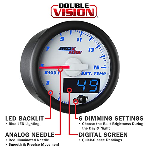 Maxtow Double Vision 1500 F Pyrometer Exhaust Gas Temperature Egt Gauge Kit - Includes Type K Probe - White Gauge Face - Blue Led Dial - Analog & Digital Readouts - For Diesel Trucks - 2-1/16" 52Mm #TOP2