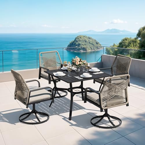 MELLCOM 5 Pcs Outdoor Dining Set, 4 Swivel Rattan Chairs with Thick Cushions & 37''x37'' Square Dining Table with Umbrella Hole, Patio Furniture Set for Porch, Beige