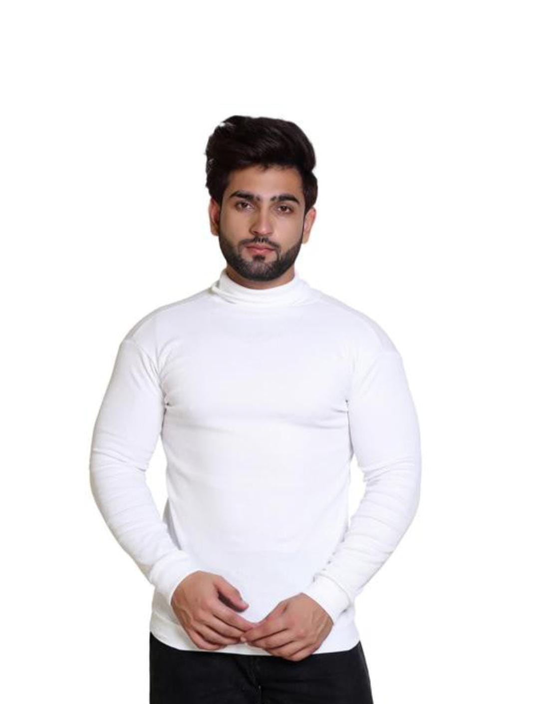 HASNU Fashion Premium Men’s High Neck Sweater in Solid White Size L-image-47