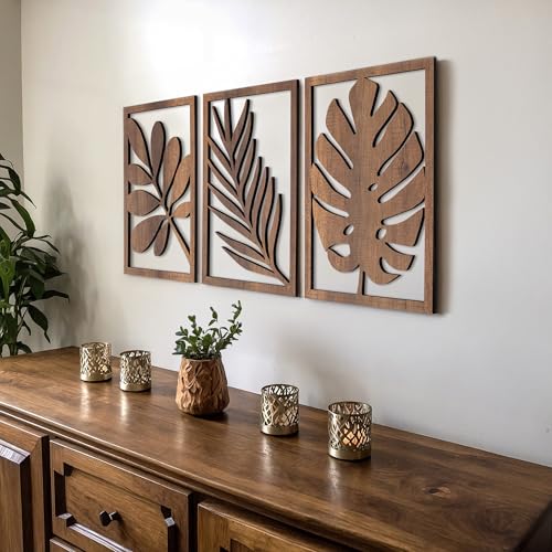 qmmp Modern Wooden Wall Sculptures - Set of 3 - MDF - Oak - Home Decor Accent - Large Wall Art for Living Room, Bedroom, Office - Easy Installation (Walnut, Medium - Tree Leaves, Unframed)
