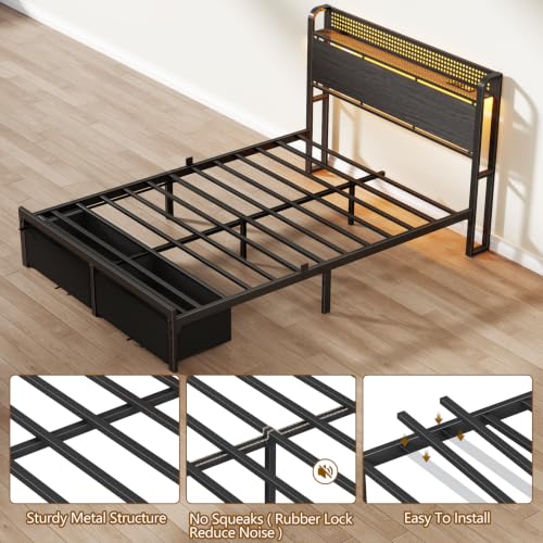 Image of Furnulem Full Size Bed Frame with Headboard, Platform Bed Frame with Charging Station, 2 Storage Drawers & LED Lights, No Box Spring Needed, Noise Free, Easy Assembly, Silver Gray (800 lbs Capacity)