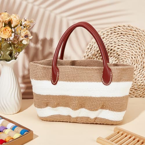 Image of ORIGACH DIY Crochet Handbag Kit for Beginners, Khaki Striped Crochet Bag with PU Leather Band and Base, Complete Crochet Set to Make a Bag, Include Yarn, Crochet Hooks, Markers and Instruction