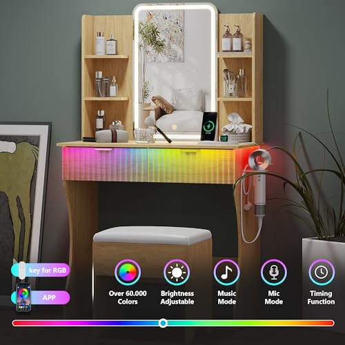 Image of Small Vanity Desk with Mirror and Lights, Makeup Vanity with LED Lighted Mirror, Fluted Vanity with Lights Desk and Chair, 3 Lighting Adjustable Dressing Table with Charging Station for Women,Girls