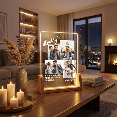 Image of Giftplease Fathers Day Personalized Rectangular Acrylic Wood Tabletop Photo Frame | Warm Led Light Base Custom Picture Layout Family Desktop Night Decor Assembly for Dad Papa Husband Stepdad Grandpa