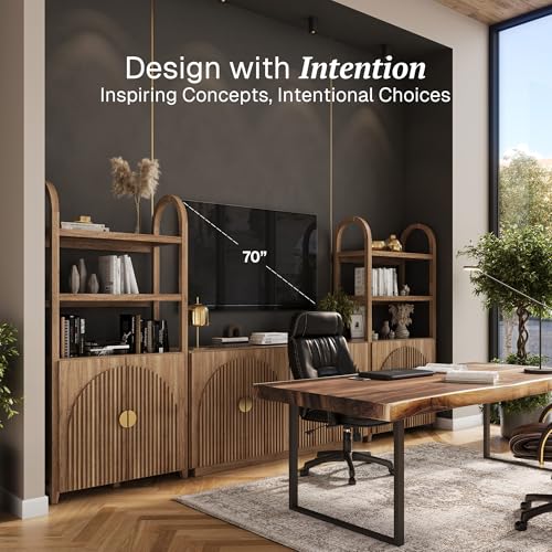 Image of BELLEZE 3-Piece Arched TV Stand Entertainment Center with Storage, Mid Century Modern 2-Piece 72″ Tall Storage Cabinets and 65″ Fluted TV Console for Living Room(Caramel Brown)