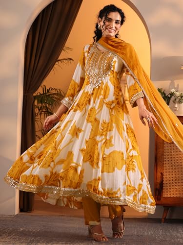 Image of Libas Printed Georgette Anarkali Kurta With Trousers and Dupatta