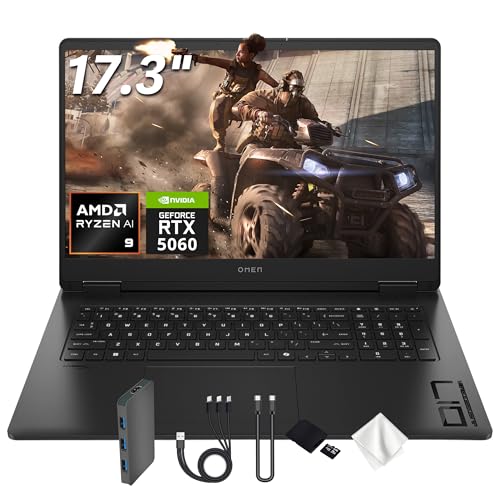 Image of HP Omen 17 17.3 inch FHD Gaming Laptop, NVIDIA GeForce RTX 5060, AMD Ryzen AI 9 365, 16GB RAM, 2TB Storage(1TB SSD&1TB Docking Station Set), 144Hz, Backlit Keyboard, IR Camera, Win 11, Black