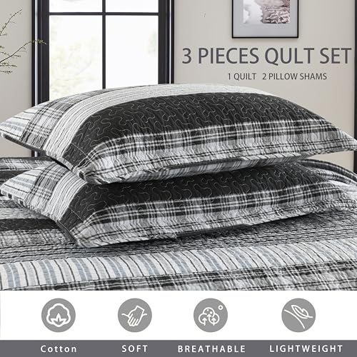 Image of Homzard 100% Cotton Quilt Set,California King 118'' x 106'' Oversized Bedspread Set with 2 Pillow Shams, Black Plaid Striped Oversized Comforter Set, 3 Pieces Farmhouse Coverlet | Breathable
