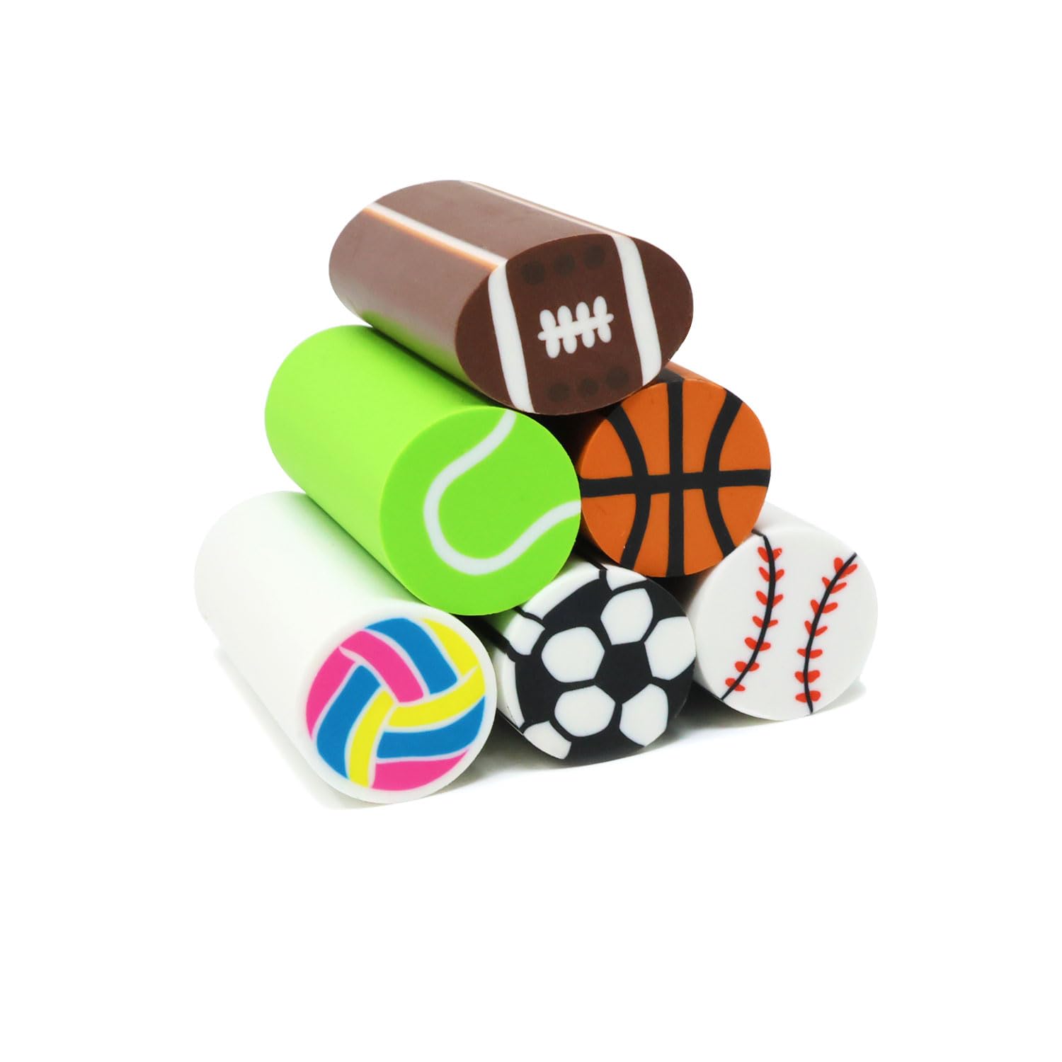 Honbay 6PCS Long Pencil Erasers Sports Themed Erasers Basketball Soccer Football Baseball Tennis Volleyball Erasers for Home School Supplies or Party Favors (6 Style)