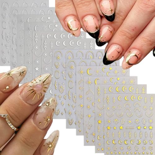 Gold Moon Star Nail Art Stickers Decals Luxury Gold Silver Metall...