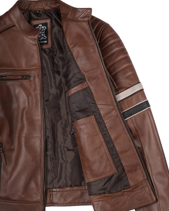Image of Blingsoul Stylish Black & Brown Cafe Racer Leather Jacket For Men - Real Lambskin Leather Motorcycle Jacket Mens