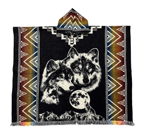 Wolf Pack Alpaca Wool Black Poncho Cape Shawl Blanket Poncho Gaban Zarape Unisex Indigenous Handmade2