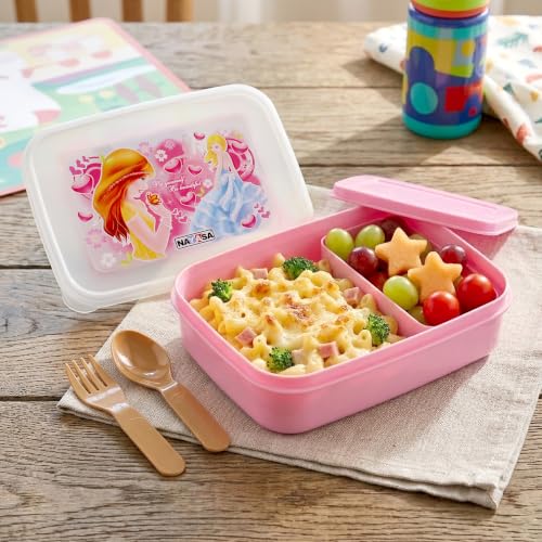 Image of Nayasa Ninja 2 Compartment BPA-Free Plastic Lunch Box for Kids Girls | Barbie Print | Leak Proof Push Lock | Pink