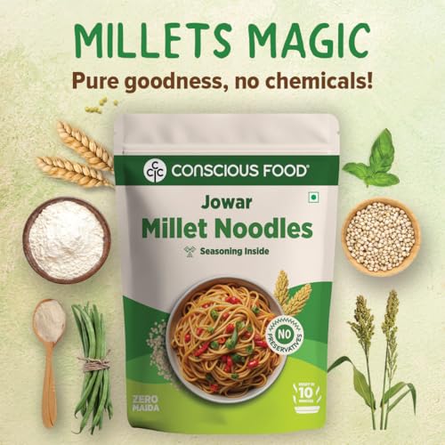Image of Conscious Food Millet Noodles | 162g | Pack of 4 | No Preservatives | No Maida | No Msg | No Artificial Colors or Flavors, No Trans Fat & Cholesterol