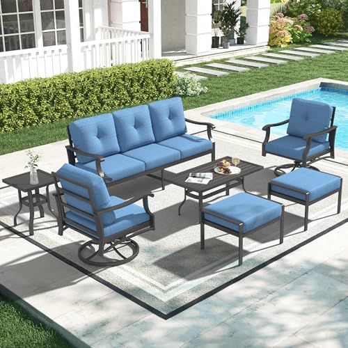 Mvpipi 7 Piece Aluminum Patio Conversation Set, Outdoor Metal Furniture Set w/Rocking Swivel Chairs, 3-Seat Sofa, Ottomans and Coffee Side Table, 5' Thickened Cushions for Backyard, Poolside, Blue