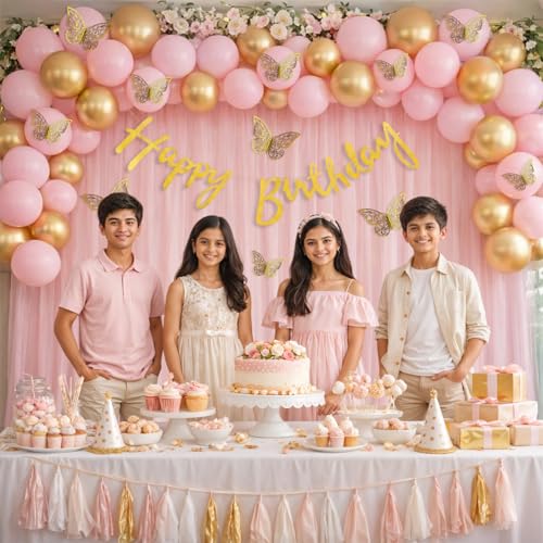 Image of Party Propz Butterfly Theme Happy Birthday Decoration Kit -47 Pcs, Birthday Decoration Items with Light Pink Curtains, Golden Happy Birthday Banner, Balloons for Birthday Decoration (Cardstock, Latex)